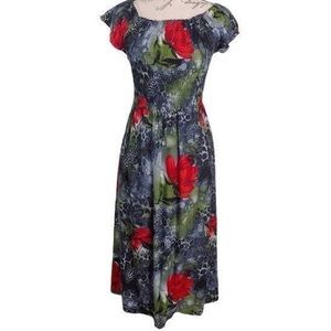 Vintage 90s Red Roses Print Smocked Dress